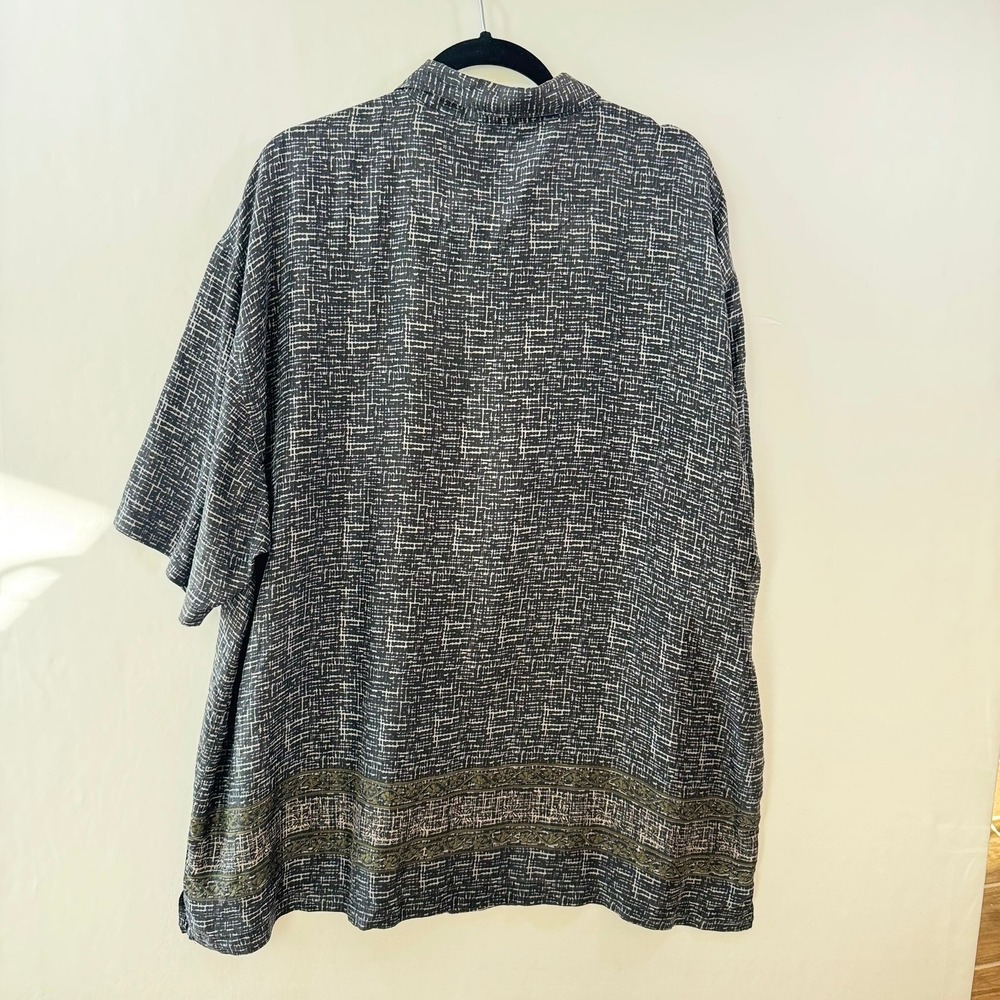 KAID Mens Silk Short‎ Sleeve Button Up Shirt XXL Grey Grid Print Olive Border